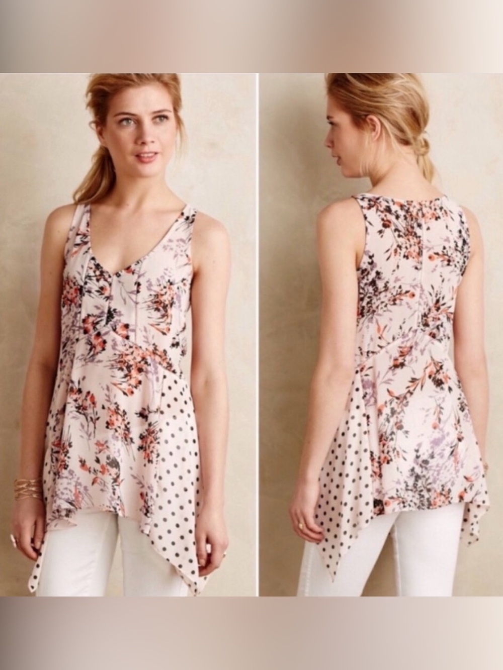 Anthropologie Floral Pop Polka Dot Handkerchief Hem Tank Top Vanessa Virginia S